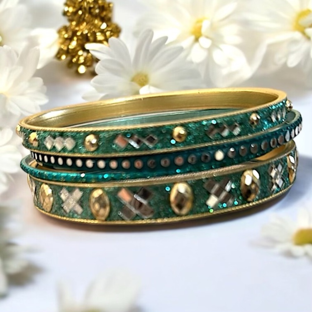 Indian Bangle Set 6-Piece Stack Teal Gold Accents & Mirror Work Boho Casual